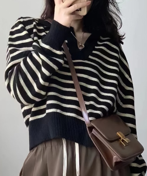 Doula Doula(ドゥーラドゥーラ)の「ポロニットボーダー長袖プルオーバー(ニット/セーター・レディース・ブラック/ベージュ・FREE)」の2枚目の写真