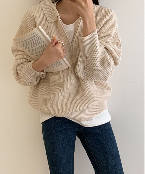 by muni:r(バイ ムニール)の「デイリールーズフィットカラーハーフジップ(ニット/セーター・レディース・ネイビー/グレー/ピンク/アイボリー・FREE)」の17枚目の写真