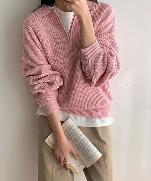 by muni:r(バイ ムニール)の「デイリールーズフィットカラーハーフジップ(ニット/セーター・レディース・ネイビー/グレー/ピンク/アイボリー・FREE)」の16枚目の写真