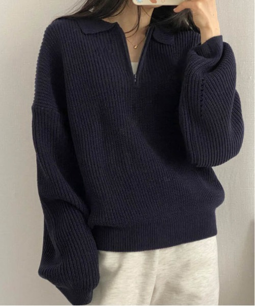 by muni:r(バイ ムニール)の「デイリールーズフィットカラーハーフジップ(ニット/セーター・レディース・ネイビー/グレー/ピンク/アイボリー・FREE)」の8枚目の写真