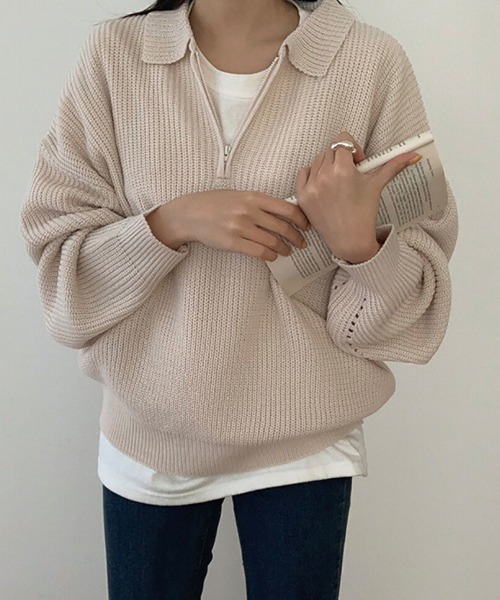 by muni:r(バイ ムニール)の「デイリールーズフィットカラーハーフジップ(ニット/セーター・レディース・ネイビー/グレー/ピンク/アイボリー・FREE)」の5枚目の写真