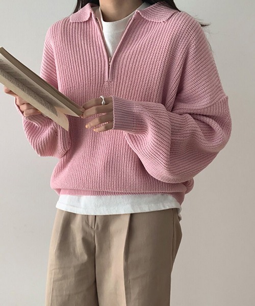 by muni:r(バイ ムニール)の「デイリールーズフィットカラーハーフジップ(ニット/セーター・レディース・ネイビー/グレー/ピンク/アイボリー・FREE)」の6枚目の写真