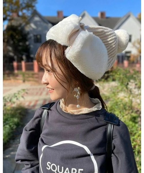 14+（イチヨンプラス）の「ファー耳付きニット帽 / ニットキャップ / フライトキャップ / イヤーマフ付き（ニットキャップ/ビーニー・レディース・アイボリー/ブラック・FREE/kids-M）」の18枚目の写真