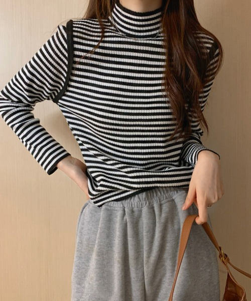 Felt-Maglietta（フェルトマリエッタ）の「配色パイピングボーダーハイネックリブニット（ニット/セーター・レディース・ブラック/ベージュ/グリーン・FREE）」の2枚目の写真