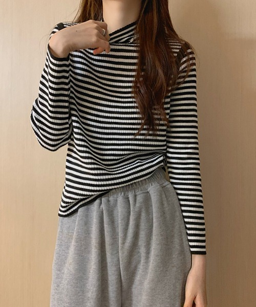 Felt-Maglietta（フェルトマリエッタ）の「配色パイピングボーダーハイネックリブニット（ニット/セーター・レディース・ブラック/ベージュ/グリーン・FREE）」の11枚目の写真