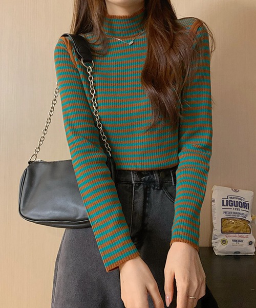 Felt-Maglietta（フェルトマリエッタ）の「配色パイピングボーダーハイネックリブニット（ニット/セーター・レディース・ブラック/ベージュ/グリーン・FREE）」の6枚目の写真