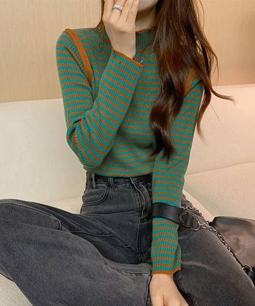 Felt-Maglietta（フェルトマリエッタ）の「配色パイピングボーダーハイネックリブニット（ニット/セーター・レディース・ブラック/ベージュ/グリーン・FREE）」の4枚目の写真