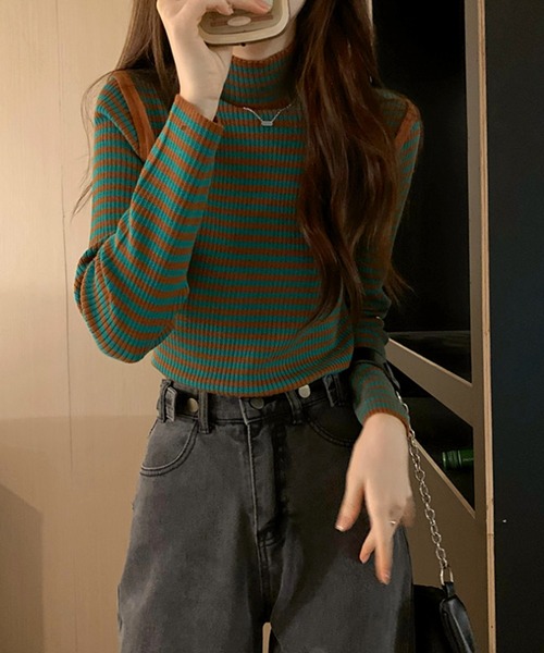 Felt-Maglietta（フェルトマリエッタ）の「配色パイピングボーダーハイネックリブニット（ニット/セーター・レディース・ブラック/ベージュ/グリーン・FREE）」の21枚目の写真