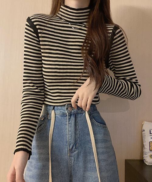 Felt-Maglietta（フェルトマリエッタ）の「配色パイピングボーダーハイネックリブニット（ニット/セーター・レディース・ブラック/ベージュ/グリーン・FREE）」の12枚目の写真