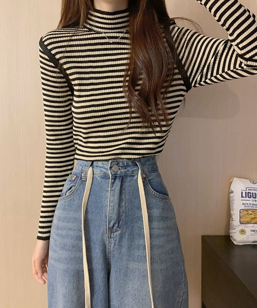 Felt-Maglietta（フェルトマリエッタ）の「配色パイピングボーダーハイネックリブニット（ニット/セーター・レディース・ブラック/ベージュ/グリーン・FREE）」の15枚目の写真