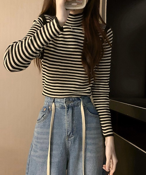 Felt-Maglietta（フェルトマリエッタ）の「配色パイピングボーダーハイネックリブニット（ニット/セーター・レディース・ブラック/ベージュ/グリーン・FREE）」の7枚目の写真