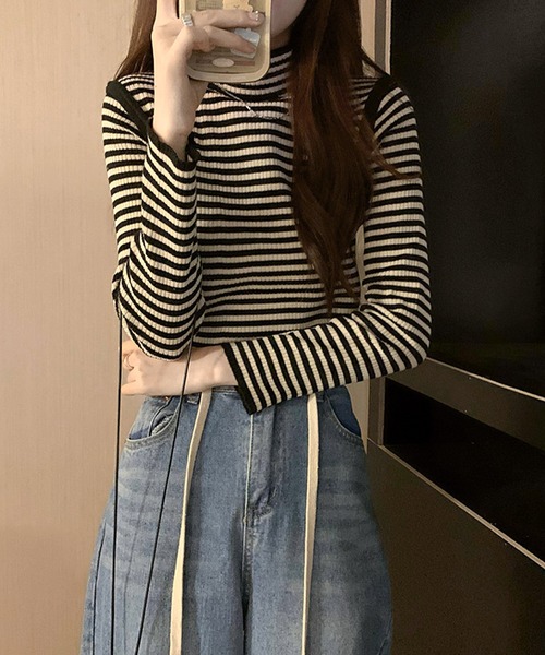 Felt-Maglietta（フェルトマリエッタ）の「配色パイピングボーダーハイネックリブニット（ニット/セーター・レディース・ブラック/ベージュ/グリーン・FREE）」の10枚目の写真