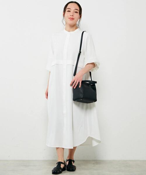 MELROSE claire(メルローズ クレール)の「【シンプルに使いやすいバンドカラー大人シャツワンピース♪】(シャツワンピース・レディース・グレイッシュベージュ/ブラック/オフホワイト・FREE)」の1枚目の写真