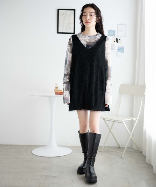 WEGO(ウィゴー)の「WEGO/フリンジサイドスリットチュニック(ワンピース・レディース・ブラック/アイボリー・FREE)」の18枚目の写真