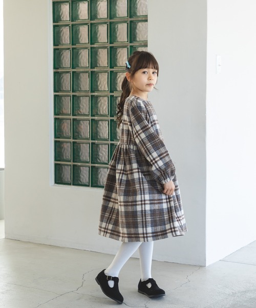 LIZLISA 起毛　チェック柄　ワンピース　長袖　ブラウン シャツワンピース チェック ロング ストライプ レディース 長袖