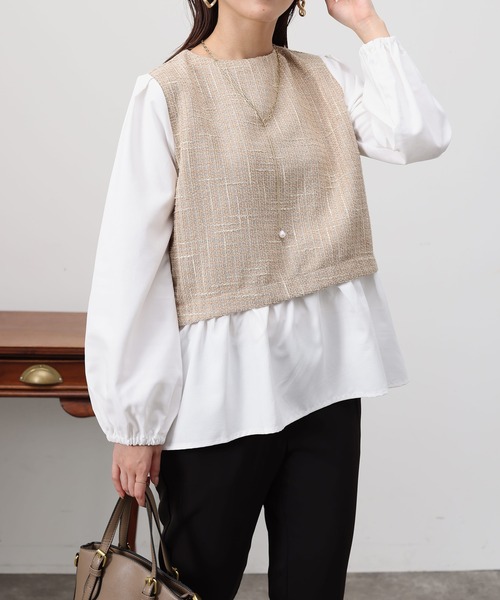 Chez toi（シェトワ）の「ツイード布帛切替ペプラムブラウス（シャツ/ブラウス・レディース・ベージュ/ネイビー/ブラック・FREE）」の5枚目の写真