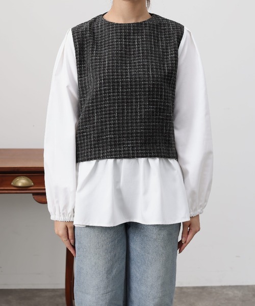 Chez toi（シェトワ）の「ツイード布帛切替ペプラムブラウス（シャツ/ブラウス・レディース・ベージュ/ネイビー/ブラック・FREE）」の9枚目の写真