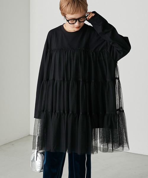 forksy.（フォルクシー）の「【forksy.】チュールティアードミニワンピドッキングロンT（Tシャツ/カットソー・レディース・杢グレー/グレイッシュベージュ/ブラック・FREE）」の6枚目の写真