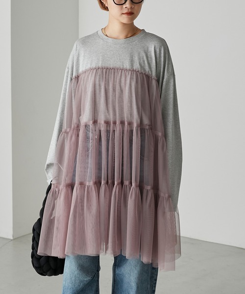 forksy.（フォルクシー）の「【forksy.】チュールティアードミニワンピドッキングロンT（Tシャツ/カットソー・レディース・杢グレー/グレイッシュベージュ/ブラック・FREE）」の16枚目の写真