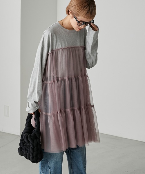 forksy.（フォルクシー）の「【forksy.】チュールティアードミニワンピドッキングロンT（Tシャツ/カットソー・レディース・杢グレー/グレイッシュベージュ/ブラック・FREE）」の17枚目の写真