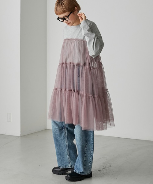 forksy.（フォルクシー）の「【forksy.】チュールティアードミニワンピドッキングロンT（Tシャツ/カットソー・レディース・杢グレー/グレイッシュベージュ/ブラック・FREE）」の21枚目の写真