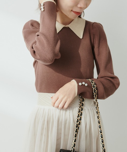 natural couture(ナチュラルクチュール)の「WEB限定 / 配色衿付きリブニット(ニット/セーター・レディース・ブラウン/モカ/サックスブルー/アイボリー/ブラック・MEDIUM/SMALL)」の21枚目の写真