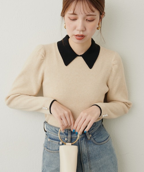 natural couture(ナチュラルクチュール)の「WEB限定 / 配色衿付きリブニット(ニット/セーター・レディース・ブラウン/モカ/サックスブルー/アイボリー/ブラック・MEDIUM/SMALL)」の9枚目の写真