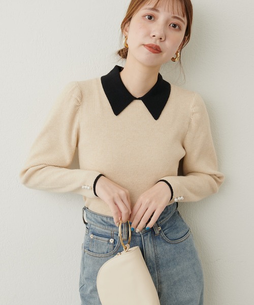 natural couture(ナチュラルクチュール)の「WEB限定 / 配色衿付きリブニット(ニット/セーター・レディース・ブラウン/モカ/サックスブルー/アイボリー/ブラック・MEDIUM/SMALL)」の10枚目の写真