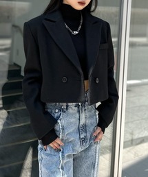 LVEU. | 【LVEU.】フェイクウールクロップドジャケット / アウター ウール調 ジャケット テーラード クロップド ショート丈 チャコール グレー ブラック オリジナル(テーラードジャケット)