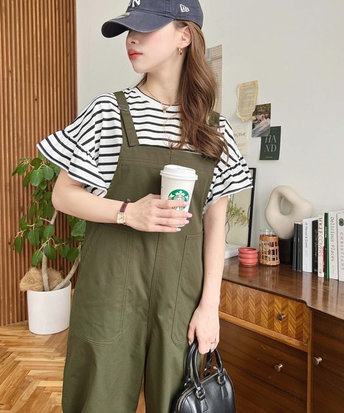 moment+（モーメントプラス）の「コットンライクツイルワイドシルエットベイカーサロペット（サロペット/オーバーオール・レディース・アイボリー/ブラック/カーキ・L/M）」の13枚目の写真