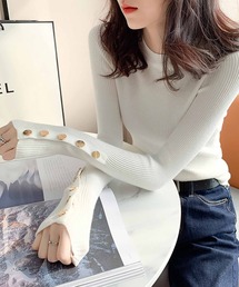 袖ボタンデザインニットトップス