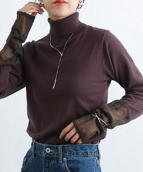 COLONY 2139(コロニートゥーワンスリーナイン)の「PBT袖シアー切替タートルニット(ニット/セーター・レディース・アイボリー/ブラック/グレー/ブラウン・FREE)」の4枚目の写真