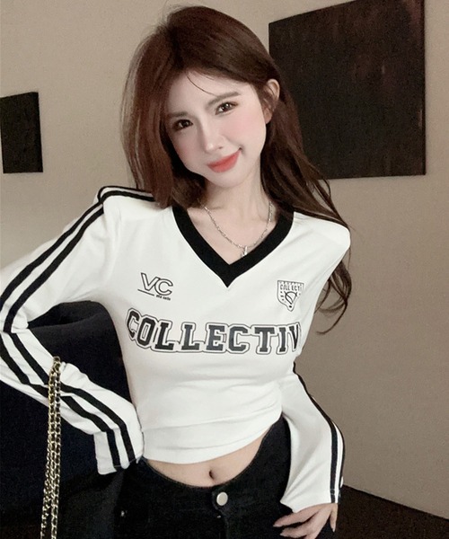 GLAMOROUS JANE(グラマラスジェーン)の「配色ラインプリントVネックロンT(Tシャツ/カットソー・レディース・ホワイト/ブラック・FREE)」の3枚目の写真