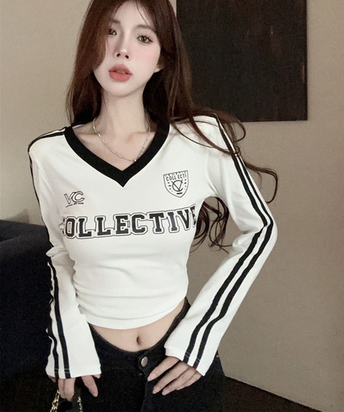GLAMOROUS JANE(グラマラスジェーン)の「配色ラインプリントVネックロンT(Tシャツ/カットソー・レディース・ホワイト/ブラック・FREE)」の4枚目の写真