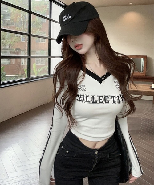 GLAMOROUS JANE(グラマラスジェーン)の「配色ラインプリントVネックロンT(Tシャツ/カットソー・レディース・ホワイト/ブラック・FREE)」の6枚目の写真