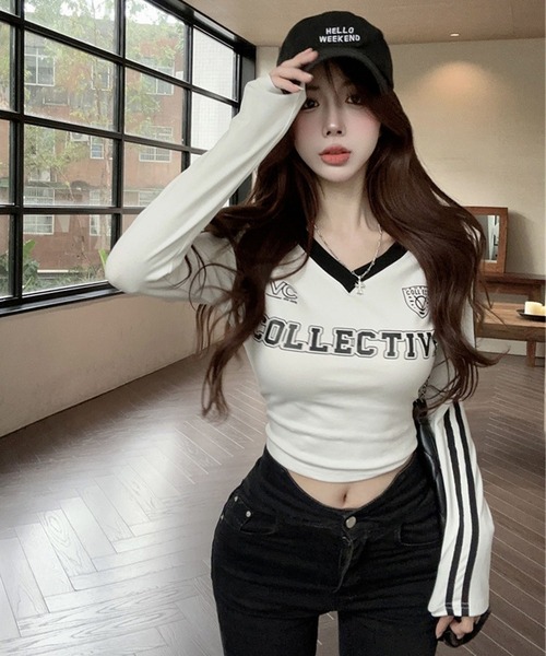 GLAMOROUS JANE(グラマラスジェーン)の「配色ラインプリントVネックロンT(Tシャツ/カットソー・レディース・ホワイト/ブラック・FREE)」の8枚目の写真