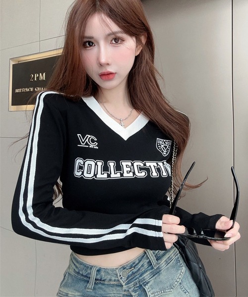 GLAMOROUS JANE(グラマラスジェーン)の「配色ラインプリントVネックロンT(Tシャツ/カットソー・レディース・ホワイト/ブラック・FREE)」の12枚目の写真