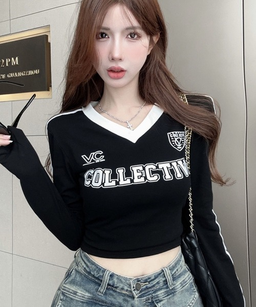 GLAMOROUS JANE(グラマラスジェーン)の「配色ラインプリントVネックロンT(Tシャツ/カットソー・レディース・ホワイト/ブラック・FREE)」の13枚目の写真