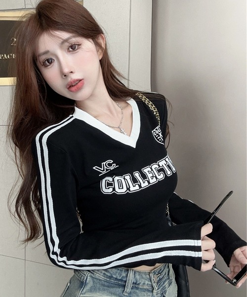 GLAMOROUS JANE(グラマラスジェーン)の「配色ラインプリントVネックロンT(Tシャツ/カットソー・レディース・ホワイト/ブラック・FREE)」の14枚目の写真