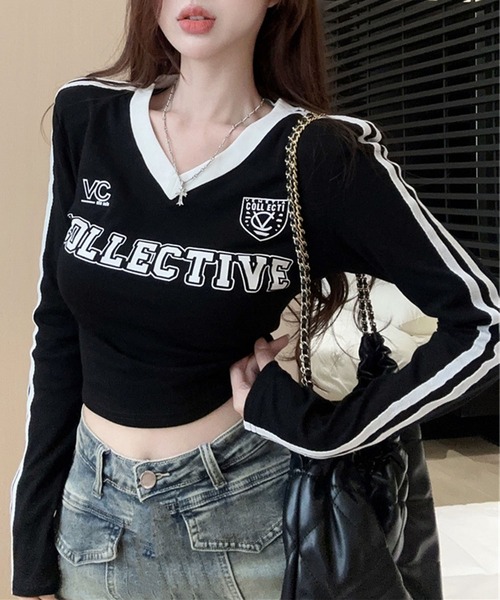 GLAMOROUS JANE(グラマラスジェーン)の「配色ラインプリントVネックロンT(Tシャツ/カットソー・レディース・ホワイト/ブラック・FREE)」の15枚目の写真