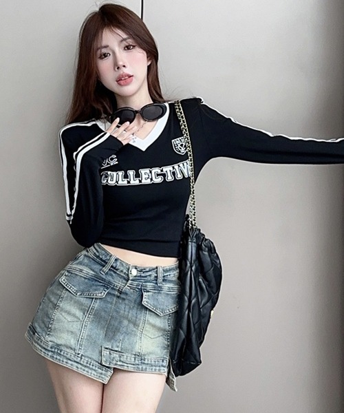 GLAMOROUS JANE(グラマラスジェーン)の「配色ラインプリントVネックロンT(Tシャツ/カットソー・レディース・ホワイト/ブラック・FREE)」の18枚目の写真