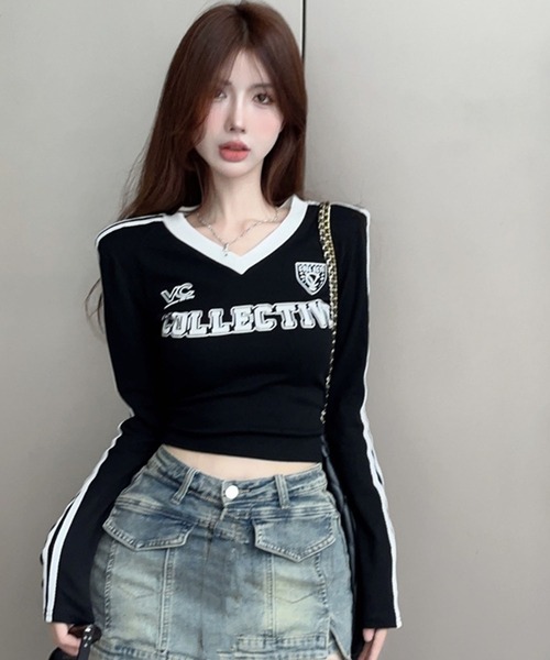 GLAMOROUS JANE(グラマラスジェーン)の「配色ラインプリントVネックロンT(Tシャツ/カットソー・レディース・ホワイト/ブラック・FREE)」の19枚目の写真