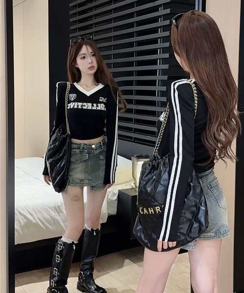 GLAMOROUS JANE(グラマラスジェーン)の「配色ラインプリントVネックロンT(Tシャツ/カットソー・レディース・ホワイト/ブラック・FREE)」の21枚目の写真