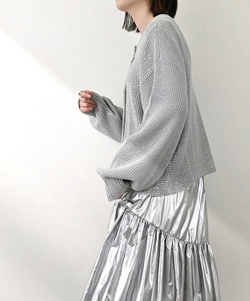 STYLEBLOCK(スタイルブロック)の「A麻タッチ箔プリントニットカーディガン(カーディガン/ボレロ・レディース・ブラック/ホワイト/ライトグレー・M)」の6枚目の写真