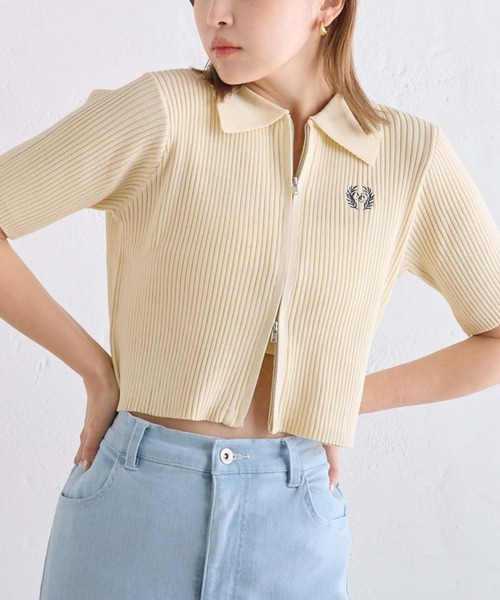 one after another NICE CLAUP(ワンアフターアナザーナイスクラップ)の「ダブルジップワンポイト刺繍ニット【WEB限定商品】(ニット/セーター・レディース・ネイビー/イエロー/アイボリー/グレー・FREE)」の1枚目の写真