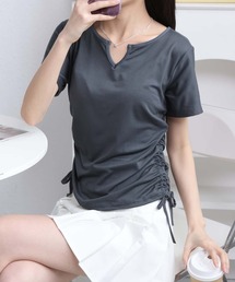 サイドシャーリング　ネックVカット半袖Tシャツ