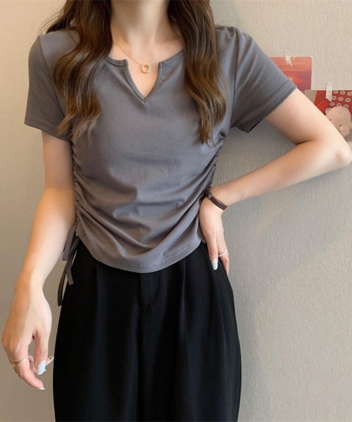 MAISON DE THERESE（メゾン ド テレーズ）の「サイドシャーリング　ネックVカット半袖Tシャツ（Tシャツ/カットソー・レディース・グレー/ブラック/ホワイト/ピンク/ダークグレー・M/L/XL/XXL）」の7枚目の写真