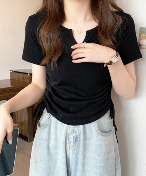 MAISON DE THERESE（メゾン ド テレーズ）の「サイドシャーリング　ネックVカット半袖Tシャツ（Tシャツ/カットソー・レディース・グレー/ブラック/ホワイト/ピンク/ダークグレー・M/L/XL/XXL）」の8枚目の写真