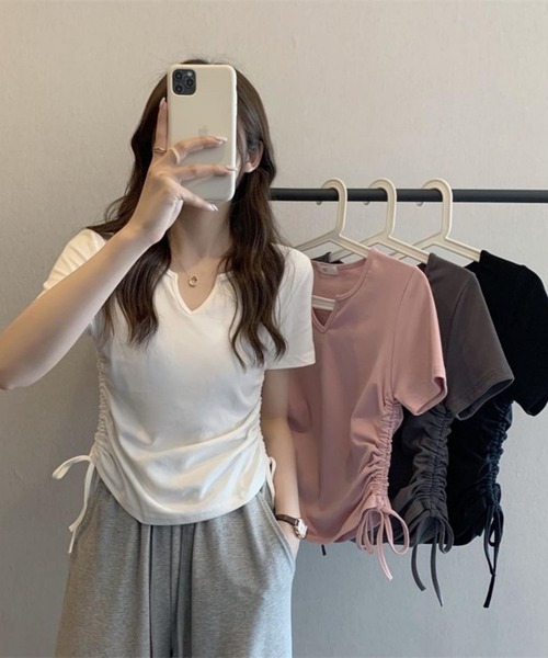 MAISON DE THERESE（メゾン ド テレーズ）の「サイドシャーリング　ネックVカット半袖Tシャツ（Tシャツ/カットソー・レディース・グレー/ブラック/ホワイト/ピンク/ダークグレー・M/L/XL/XXL）」の11枚目の写真