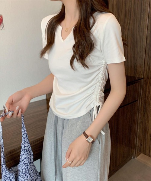 MAISON DE THERESE（メゾン ド テレーズ）の「サイドシャーリング　ネックVカット半袖Tシャツ（Tシャツ/カットソー・レディース・グレー/ブラック/ホワイト/ピンク/ダークグレー・M/L/XL/XXL）」の12枚目の写真